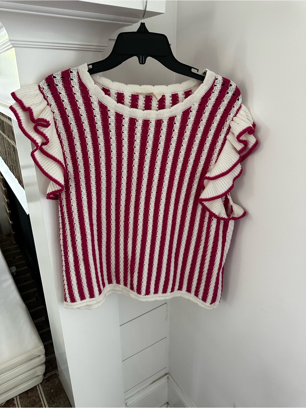 Entro Striped Ruffle Sleeve Knit Top - White & Berry